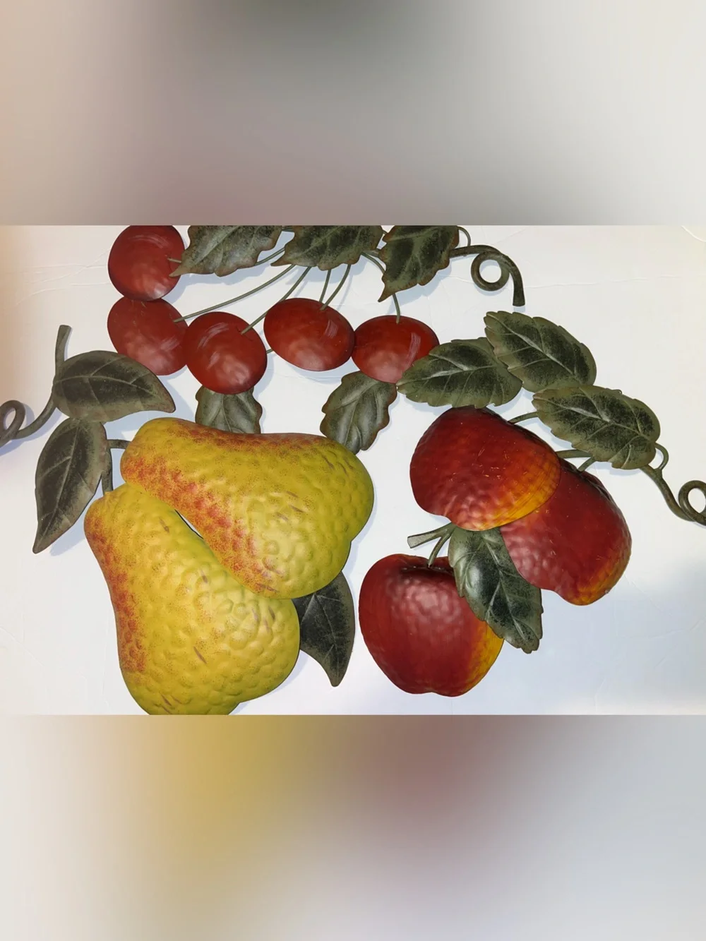3 Vintage 1990’s Metal Wall Decorations Featuring Apples, Pears and Cherries